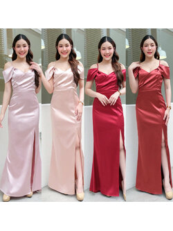 kudapy เดรสยาวสายเดี่ยวเปิดไหล่ ปิดแขน ผ่าข้าง สีชมพูโรสโกลด์,สีแดง,ชมพูกลีบบัว,น้ำตาลคอปเปอร์ Maxiผ้าดัชเชสอัดกาว เปิดบ่า รุ่นนี้มีสายให้นะคะ ไม่ต้องกลัวไหล่หลุด