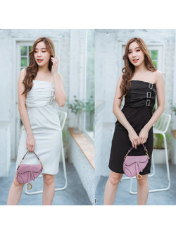 kudapy เดรสสั้นสีขาว/ดำ แขนกุดเข็มขัดอกสวยดูดี ใส่สบาย