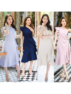 kudapy เดรสสั้นสีชมพู/สีกรม/สีฟ้าเทา/สีครีม ออกงาน ดีไซน์ปังๆ เป็นเปิดไหล่ 1 ข้างอีกข้างเป็นระบาย จับจีบช่วงเอว แต่งระบายลงมาช่วงกระโปรง
