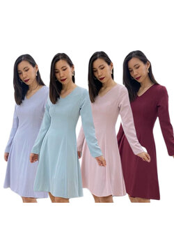 kudapy เดรสสั้นคอวีใส่ไปงานสีเขียวมิ้นท์/ สีชมพู /สีฟ้าอมม่วง /สีแดงเลือดนก แขนยาวกระโปรงบาน ตีเกร็ดเอวเข้ารูป ผ้าเครปเกาหลี เย็นสบาย นิ่มม๊ากมาก