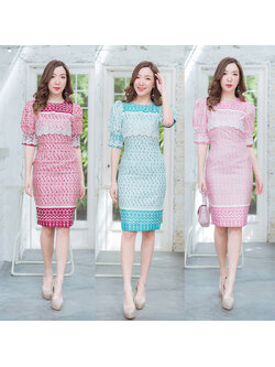 kudapy เดรสสั้นสีชมพู/สีเขียว/สีแดว แขนตุ๊กตาอกลูกไม้ลายไทย