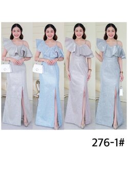 kudapy เดรสยาวสีชมพู/สีฟ้า/สีเทา/สีทอง ไหล่เฉียง ระบาย ปิดไหล่ขวา กระโปรงหางปลา ผ่าหน้า มีสายคล้องไหล่