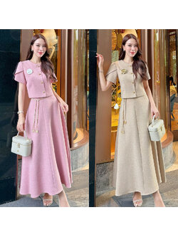 kudapy เซ็ทเสื้อแขนตุ้กตา เสื้อ กระโปรงเอวสูง เข็มกลัดดอกไม้ เข็มขัดโซ่