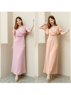 kudapy เดรสยาวสีชมพู/สีส้มทอง ราตรียาวผ้าวาเลนติโน เย็บป้ายช่วงอก จับจีบช่วงเอวเล็กน้อยเพิ่มความหวาน แขนระบาย