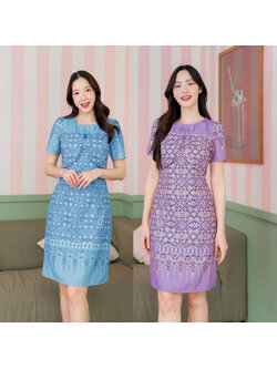 kudapy เดรสสั้นสีม่วง/สีฟ้า เดรสผ้าไทยแต่งโบว์แขนสั้น ใส่ออกงาน ใส่ทำงาน สวยดูดี