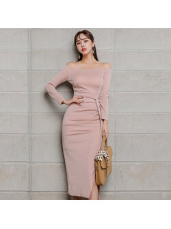 kudapy เดรสออกงานสีชมพูนู๊ด เปิดไหล่ ผ้ากำมะหยี่คอตตอน ทรงดินสอเอวปานกลาง งานตัดเย็บคุณภาพเกาหลี