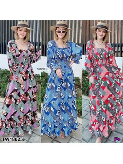 kudapy Maxi Dressแมกซี่เดรส คอเหลี่ยม แขนยาว ผ้าไหมเกาหลี พิมพ์ลายกราฟฟิกทั้งชุด