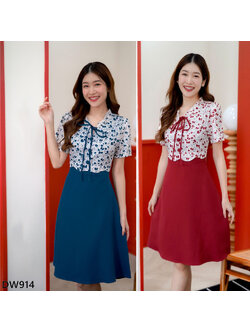 kudapy เดรสั้นสีแดง/สีน้ำเงิน กระโปรงทรงบานเชือกผูกโบว์