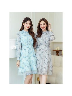 kudapy เดรสสั้นสีโทนเทา/สีโทนเขียวมิ้นอมฟ้า ชีฟองแขนยาว มีดีเทลตีเกล็ดแต่งกระดุมช่วงอก ลายผ้าสวยคลาสสิค