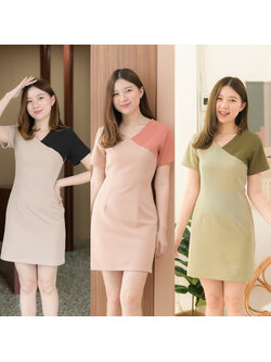 kudapy เดรสสั้นสีเบจ/สีเทา /ชมพูกะปิ /เขียวมัจฉะ เดรสคอวีแขนสั้น ดีไซน์ตัดต่อไหล่ซ้ายเล่นสีตัดกับตัวชุด จับเกล็ดใส่สวยเข้ารูป