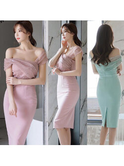 ชุดเดรสออกงานสีเขียวมิ้นท์ เดรสสั้นเปิดไหล่ ผ้าโพลีเอสเตอร์ผสม ทรงเข้ารูปสวยมาก