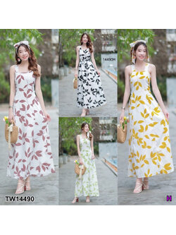 kudapy Maxi Dress เดรสสายเดี่ยวยาว สีชมพู ดำ เขียว เหลือง งานผ้าสลาฟพิมพ์ลายใบไม้ มีซิปซ่อนด้านหลัง มีซัปใน มีโบว์แยก 1 เส้น