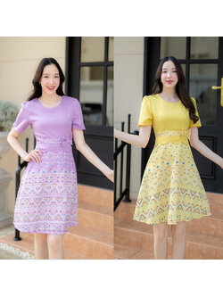 kudapy เดรสสั้นสีม่วง/สีเหลือง ผ้าไทยกระโปรงบานแต่งโบว์เอว
