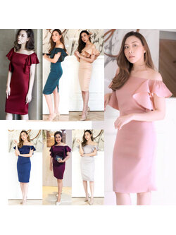 kudapy เดรสสั้นเปิดไหล่แต่งระบายรอบแขน สีเทา/สีทอง/ชมพูโรสโกลด์/กรมท่า/เขียว/แดงเบอร์กันดี้