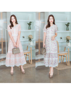 kudapy เดรสยาวสีครีม/ชมพู เกาหลีลายดอกปักทองใส่ออกงานสวยดูดีผ้าใส่สบาย