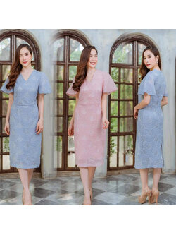 kudapy ชุดเดรสไปงานคอวีแขนระบายบานสีฟ้าเทา/สีชมพู เดรสสั้นลูกไม้ งานซับใน ซิบหลัง เก็บเอวทรงเอสวยมากค่ะ