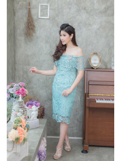 kudapy ชุดเดรสลูกไม้เปิดไหล่ สีเขียวมิ้น ลูกไม้ฝรั่งเศสเนื้อดีเกรดพรีเมี่ยม ผ้านุ่มใส่สบายไม่คัน งานมีซับในอย่างดี