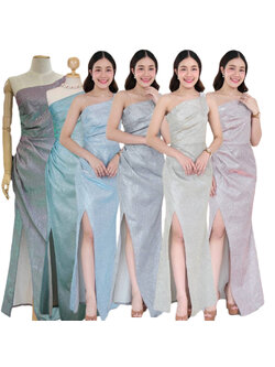 kudapy เดรสยาวสีเขียวอมม่วง/สีฟ้า/สีทองแชญ/สีเทาเงิน/สีเขียวมิ้นท์/สีชมพูพริ้งโกล บ่าเดี่ยวจับจีบช่วงเอว ผ่ากระโปรงสาบทบหน้า