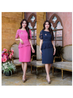 kudapy เดรสสั้น ผ้าพื้นและลูกไม้เนื้อนิ่ม ผ้านิ่มใส่สบาย งานด้านบนเป็นผ้าลูกไม้ทรงต่อเอว แต่งระบายเฉียงแบบเก๋