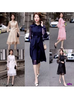 kudapy เดรสสั้นสีชมพู/สีกรม ผ้าซีฟองผูกโบว์ เดรสคอปก แขนยาวจั้มปลายติดกระดุม ช่วงแขนแต่งระบาย