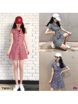 kudapy เดรสสั้นสี ดำ แดง กรม เชิ้ตคอปก งานติดกระดุมหน้า เนื้อผ้าคอตตอนลายสก็อต สวยเก๋เลย