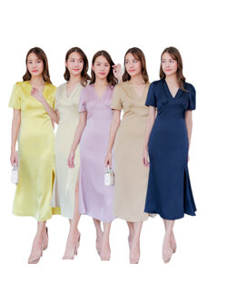 kudapy เดรสยาวสีชมพู ครีมแชมเปญ นำ้ตาล กรมท่า เหลืองมะนาว แขนสั้น เครปซาติน คอวี จีบใต้อก ตีเกร็ดเอว กระโปรงทรงทรงเอ