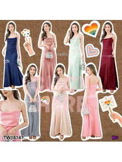 kudapy เดรสราตรียาว สายเดี่ยว แต่งไขามุก ผ้าเงาซาร่า ชายเดรสแต่งระบาย มีซิปหลัง