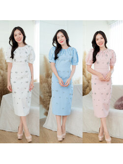 kudapy เดรสยาวสีขาว/สีฟ้า/สีชมพู แขนตุ๊กตาประดับเพชร