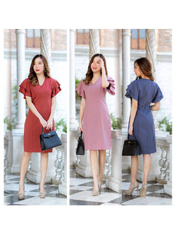 kudapy เดรสสั้นสีส้มอิฐ / ฟ้าคราม / ชมพูกะปิ สีพื้นผ้าโพลีเอสเตอร์เกรดเอ ตกแต่งแขนระบาย2ชั้น เนื้อผ้านิ่มลื่นน ซิปซ่อน ด้านหลัง สวมใส่ง่าย