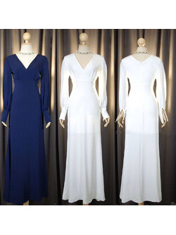 kudapy kudapy เดรสยาวสีขาว/สกรมท่า แขนยาว คัตติ้งถ่วงข้อมือ กระดุมห่อผ้า คอวี เอวสูง เข้ารูปแต่ไม่รัดทรง กระโปรงหางปลา หรูหรา