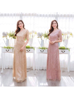 kudapy ชุดราตรียาวผ้าลูกไม้กริสเตอร์ สีชมพู/สีครีมทอง เดรสคอกลมแขนสั้น 2 ส่วน ใส่ออกงาน ลูกไม้พรีเมี่ยมทอแน่น