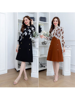 kudapy เดรสสั้นสีดำ/สีน้ำตาล คอไขว้สูง แขนยาว ทรงสวยหรู แพทเทิร์นดี เป็นผ้าลายดอกสวยตัดต่อผ้าพื้น สวยสุภาพ