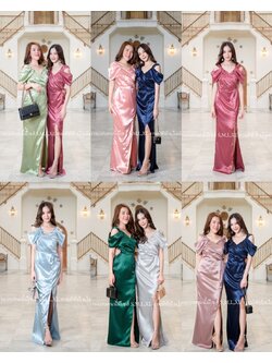 kudapy เดรสยาวเปิดไหล่แต่งสายเดี่ยวใหญ่ตามแบบ ผ้าเปเป้ไม่ยืด สีน้ำตาลอิฐ,ชมพูกุหลาบ,เขียวมิ้นท์หม่น