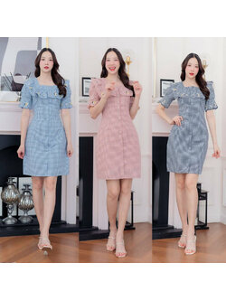 kudapy เดรสสั้นสีกรม/สีชมพุ/สีฟ้า ลายสก็อตแขนจั๊มปักลายดอก