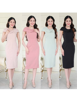 kudapy เดรสสั้นสีดำสีชมพูเข้ม/สีครีมนู๊ด/สีเขียวมิ้น คอปกบัว แขนคลุมบ่า กระโปรงสอบทรงดินสอซิปหลัง