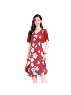 ชุดเดรสสั้นสีแดงพิมพ์ลายดอกไม้สีขาว ผ้าโพลีเอสเตอร์ผสม ผ้าพื้นพื้นสีแดง แขนระยาว ทรงเข้ารูปช่วงเอว M