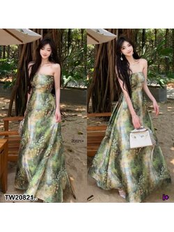 kudapy เดรสยาวสีเขียว เกาะอกซิปด้านหลัง + ยางยืดกระโปรงจับจีบด้านข้าง พิมพ์ลาย