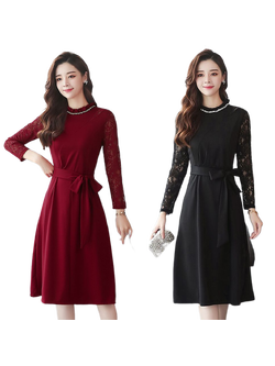 kudapy เดรสสั้นคอปีนแขนยาวสีแดงเลือดหมู/สีดำ มีโบว์ผูกที่เอวตามแบบ เดรสผ้าลูกไม้เนื้อนิ่มใสสบาย