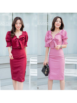 kudapy เซ็ทเสื้อระบายตุ๊กตา+กระโปรงเข้ารูปสีชมพู/สีแดง สวยดูดีใส่สบายตัว