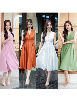 kudapy เดรสสั้นสีสีชมพูกลีบบัว/สีเขียว/สีส้มอิฐ/สีขาว/สีครีม มิดี้ ช่วงอกตีเกล็ด ติดกระดุมปั๊มเรียง 3 เม็ด คอวี ช่วงเอวทำขอบสูงเผื่อให้ดูมี shape ต่อด้วยกระโปรงทรงทวิสข้าง