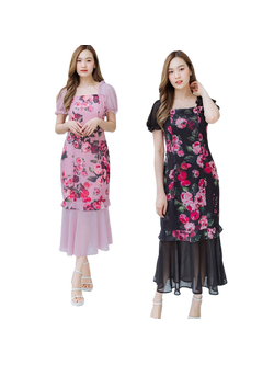 kudapy เดรสยาวสีชมพู/สีดำ แขนจั๊มลายกุหลาบชีฟอง ใส่ออกงานใส่เที่ยว เนื้อผ้าเบาสวยดูดีมากๆ