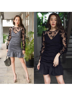 kudapy เดรสสั้นสีดำ/สีเทา เกาหลี เสื้อซีทรูลายดอก มาพร้อมเดรสสายเดี่ยวย่นด้านข้าง