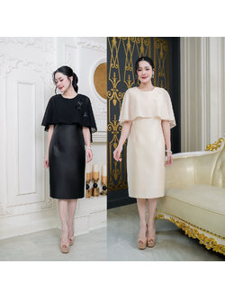 kudapy เดรสผ้าไหมอัดกาวทั้งชุด ทรงสวยคลุมไหล่พรางแขน แต่งผีเสื้อเรียงตัวเล็กๆช่วงไหล่