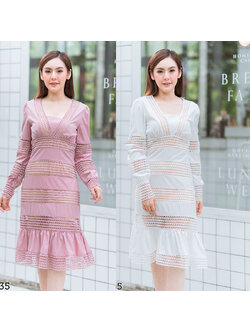 kudapy เดรสสั้นสีชมพู,สีขาว .แขนยาวตาข่ายซับครีมใส่สบายสวยดูดีมากๆ
