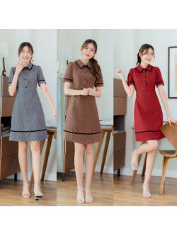 kudapy เดรสสั้นสีเทา/สีแดง/สีน้ำตาล ทรงบานผ้าลูกฟูกตัดขอบดำ