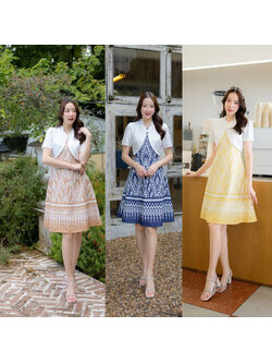 kudapy เดรสสั้นสีชมพู/สีน้ำตาล/สีกรม/สีเหลือง ลายไทยกั๊กผ้าพื้น ใส่ทำงานสวยดูดี