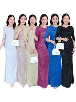 kudapy เดรสยาวสีชมพู/สีเงิน/สีทอง/สีดำ/สีม่วงแดง/สีนำ้เงิน แขนถ่วง คอปาด ใส่เปิดบ่าได้ ทรงเข้ารูป ผ่าหลัง รุ่นนี้หรูหรามา