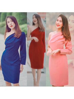 kudapy ชุดไปงานแต่งงานสีชมพู,สีแดง,สีกรมท่า เดรสสั้นไหล่เฉียงข้างแขนยาว เรียบหรู สวย ดูดี ใส่เป็นชุดราตรี ชุดออกงาน