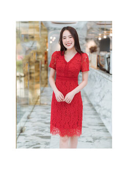 kudapy เดรสสั้นสีแดงใส่วสยดูดี ลูกไม้แขนสั้น