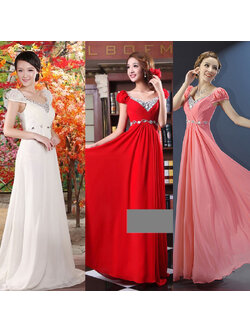 kudapyเดรสยาวสีแดง/ขาวชมพู มีแขน แบบเปรี้ยวอมหวาน ปักเลื่อมช่วงคอ หลังผ่าตัววี